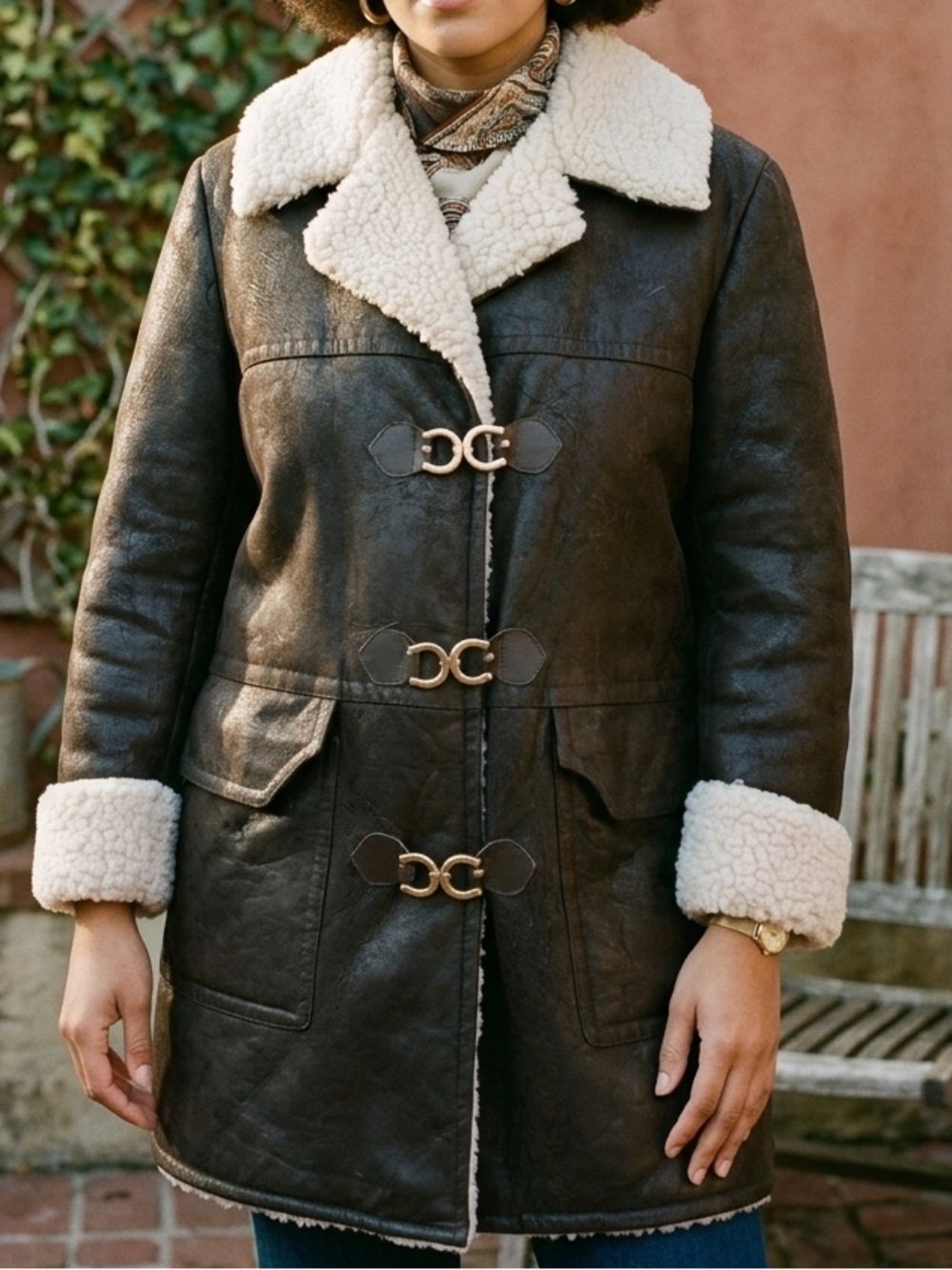 Vintage 1970s Distressed Gary-Mor Faux Shearling Coat Sherpa Buckle Canadian